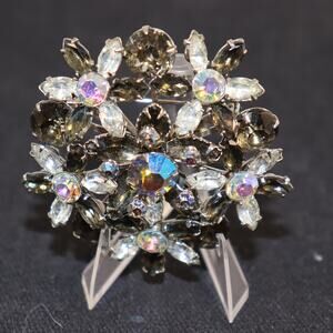Vintage Rhinestone Floral‎ Brooch – Aurora Borealis & Smoky Stones